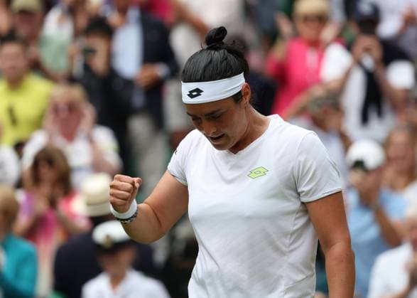 12th July 2023; All England Lawn Tennis and Croquet Club, London, England: Wimbledon Tennis Tournament; Ons Jabeur (TUN) celebrates after defeating the defending champion Elena Rybakina (KAZ) by two sets to one  ActionPlus12530691 JohnxPatrickxFletcher