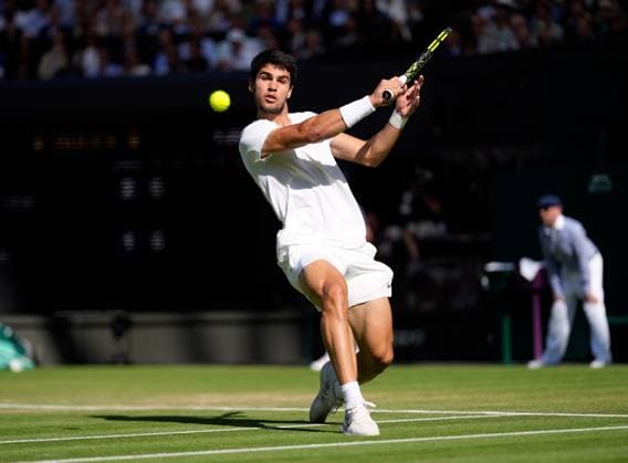 Mandatory Credit: Photo by Dave Shopland Shutterstock (14006841ds) Carlos Alcaraz during his quarter final match Wimbledon Tennis Championships, Day 10, The All England Lawn Tennis and Croquet Club, London, UK - 12 Jul 2023 Wimbledon Tennis Championships, Day 10, The All England Lawn Tennis and Croquet Club, London, UK - 12 Jul 2023  Copyright: xDavexShopland Shutterstockx 14006841ds