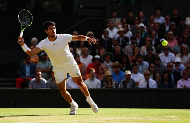 Mandatory Credit: Photo by Ella Ling Shutterstock (14006838be) Carlos Alcaraz Wimbledon Tennis Championships, Day 10, The All England Lawn Tennis and Croquet Club, London, UK - 12 Jul 2023 Wimbledon Tennis Championships, Day 10, The All England Lawn Tennis and Croquet Club, London, UK - 12 Jul 2023  Copyright: xEllaxLing Shutterstockx 14006838be