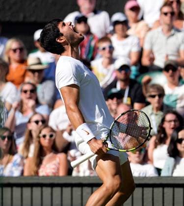 Mandatory Credit: Photo by Dave Shopland Shutterstock (14006841dx) Carlos Alcaraz celebrates during his quarter final match Wimbledon Tennis Championships, Day 10, The All England Lawn Tennis and Croquet Club, London, UK - 12 Jul 2023 Wimbledon Tennis Championships, Day 10, The All England Lawn Tennis and Croquet Club, London, UK - 12 Jul 2023  Copyright: xDavexShopland Shutterstockx 14006841dx