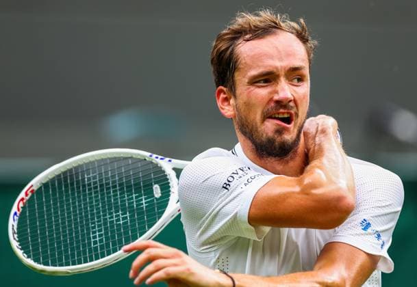 Mandatory Credit: Photo by Simon Dael Shutterstock (14006840da) Daniil Medvedev Wimbledon Tennis Championships, Day 10, The All England Lawn Tennis and Croquet Club, London, UK - 12 Jul 2023 Wimbledon Tennis Championships, Day 10, The All England Lawn Tennis and Croquet Club, London, UK - 12 Jul 2023  Copyright: xSimonxDael Shutterstockx 14006840da