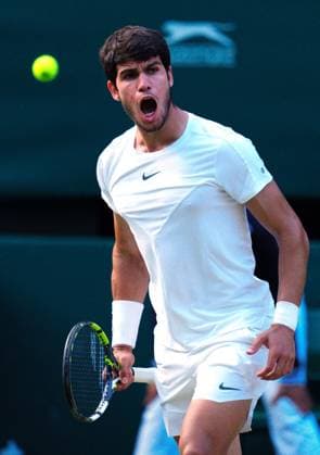 Mandatory Credit: Photo by Javier Garcia Shutterstock (14006839gq) Carlos Alcaraz celebrates during his quarter final match Wimbledon Tennis Championships, Day 10, The All England Lawn Tennis and Croquet Club, London, UK - 12 Jul 2023 Wimbledon Tennis Championships, Day 10, The All England Lawn Tennis and Croquet Club, London, UK - 12 Jul 2023  Copyright: xJavierxGarcia Shutterstockx 14006839gq