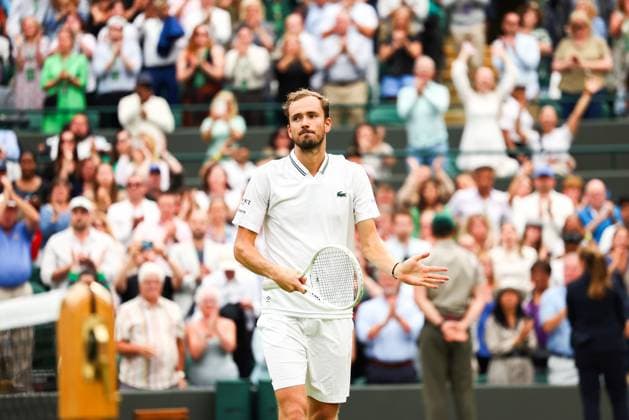 Mandatory Credit: Photo by Simon Dael Shutterstock (14006840do) Daniil Medvedev celebrates victory Wimbledon Tennis Championships, Day 10, The All England Lawn Tennis and Croquet Club, London, UK - 12 Jul 2023 Wimbledon Tennis Championships, Day 10, The All England Lawn Tennis and Croquet Club, London, UK - 12 Jul 2023  Copyright: xSimonxDael Shutterstockx 14006840do