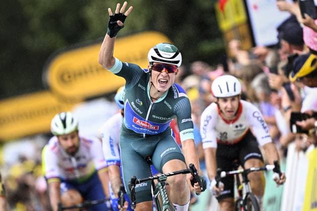 Belgian Jasper Philipsen of Alpecin-Deceuninck wins stage 11 of the Tour de France cycling race, from Clermont-Ferrand to Moulins (179,8 km), France, Wednesday 12 July 2023. This year s Tour de France takes place from 01 to 23 July 2023. JASPERxJACOBS  x70514782x