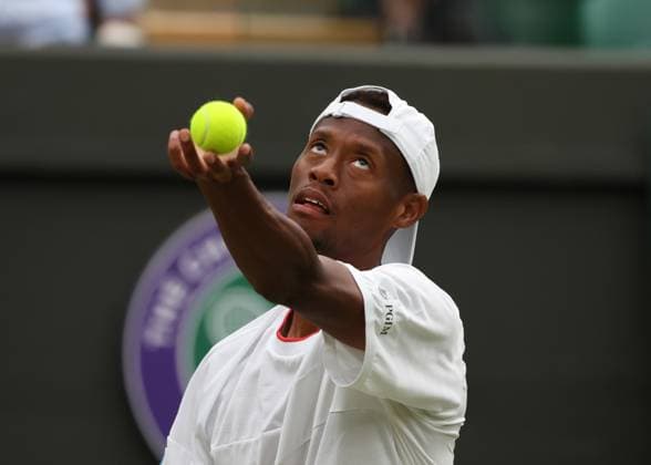 12th July 2023; All England Lawn Tennis and Croquet Club, London, England: Wimbledon Tennis Tournament; Christopher& xa0;Eubanks (USA) serves to Daniil& xa0;Medvedev (RUS)  ActionPlus12530792 JohnxPatrickxFletcher