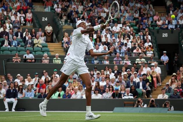 12th July 2023; All England Lawn Tennis and Croquet Club, London, England: Wimbledon Tennis Tournament; Christopher& xa0;Eubanks (USA) with a forehand shot to Daniil& xa0;Medvedev (RUS)  ActionPlus12530793 JohnxPatrickxFletcher