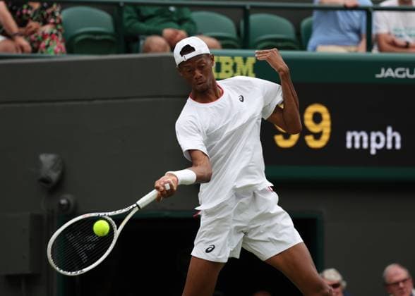 12th July 2023; All England Lawn Tennis and Croquet Club, London, England: Wimbledon Tennis Tournament; Christopher& xa0;Eubanks (USA) with a forehand shot to Daniil& xa0;Medvedev (RUS)  ActionPlus12530790 JohnxPatrickxFletcher