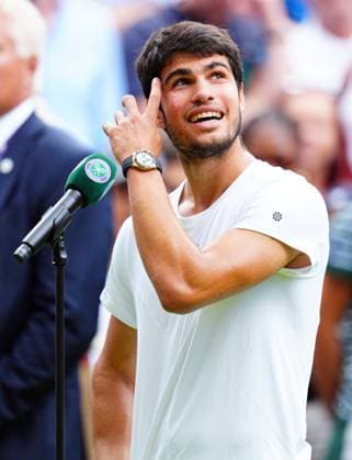 Mandatory Credit: Photo by Javier Garcia Shutterstock (14006839hh) Carlos Alcaraz celebrates victory in his quarter final match Wimbledon Tennis Championships, Day 10, The All England Lawn Tennis and Croquet Club, London, UK - 12 Jul 2023 Wimbledon Tennis Championships, Day 10, The All England Lawn Tennis and Croquet Club, London, UK - 12 Jul 2023  Copyright: xJavierxGarcia Shutterstockx 14006839hh