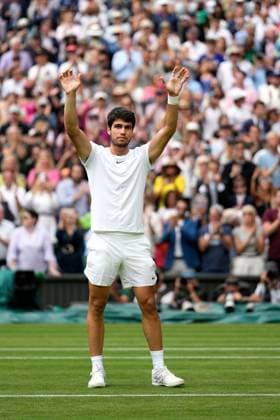 Mandatory Credit: Photo by Dave Shopland Shutterstock (14006841ee) Carlos Alcaraz celebrates victory in his quarter final match Wimbledon Tennis Championships, Day 10, The All England Lawn Tennis and Croquet Club, London, UK - 12 Jul 2023 Wimbledon Tennis Championships, Day 10, The All England Lawn Tennis and Croquet Club, London, UK - 12 Jul 2023  Copyright: xDavexShopland Shutterstockx 14006841ee