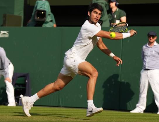 Tennis - 2023 Wimbledon Championships - Week Two - Day Ten - All England lawn Tennis & Racquet Club, Wimbledon - Wednesday 12th Mens singles - Carlos Alcaraz (ESP) v Holger Rune (DEN) Carlos Alcaraz 