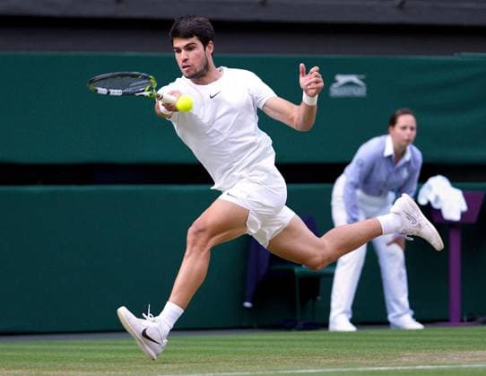 Mandatory Credit: Photo by Dave Shopland Shutterstock (14006841ek) Carlos Alcaraz during his quarter final match Wimbledon Tennis Championships, Day 10, The All England Lawn Tennis and Croquet Club, London, UK - 12 Jul 2023 Wimbledon Tennis Championships, Day 10, The All England Lawn Tennis and Croquet Club, London, UK - 12 Jul 2023  Copyright: xDavexShopland Shutterstockx 14006841ek