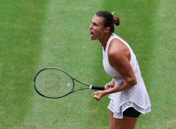(230713) -- LONDON, July 13, 2023 -- Aryna Sabalenka reacts during the women s singles quarterfinal match between Aryna Sabalenka of Belarus and Madison Keys of the United States at Wimbledon tennis Championship in London, Britain, on July 12, 2023. ) (SP)BRITAIN-LONDON-TENNIS-WIMBLEDON-DAY 10 HanxYan 