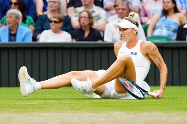 Mandatory Credit: Photo by Javier Garcia Shutterstock (14006845ad) Marketa Vondrousova falls during her semi final match Wimbledon Tennis Championships, Day 11, The All England Lawn Tennis and Croquet Club, London, UK - 13 Jul 2023 Wimbledon Tennis Championships, Day 11, The All England Lawn Tennis and Croquet Club, London, UK - 13 Jul 2023  Copyright: xJavierxGarcia Shutterstockx 14006845ad