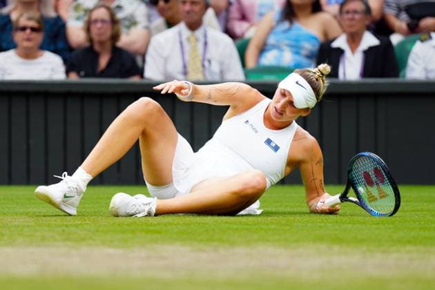 Mandatory Credit: Photo by Javier Garcia Shutterstock (14006845ac) Marketa Vondrousova falls during her semi final match Wimbledon Tennis Championships, Day 11, The All England Lawn Tennis and Croquet Club, London, UK - 13 Jul 2023 Wimbledon Tennis Championships, Day 11, The All England Lawn Tennis and Croquet Club, London, UK - 13 Jul 2023  Copyright: xJavierxGarcia Shutterstockx 14006845ac