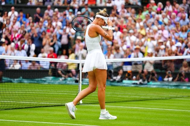 Mandatory Credit: Photo by Javier Garcia Shutterstock (14006845bc) Marketa Vondrousova celebrates victory in her semi final match Wimbledon Tennis Championships, Day 11, The All England Lawn Tennis and Croquet Club, London, UK - 13 Jul 2023 Wimbledon Tennis Championships, Day 11, The All England Lawn Tennis and Croquet Club, London, UK - 13 Jul 2023  Copyright: xJavierxGarcia Shutterstockx 14006845bc