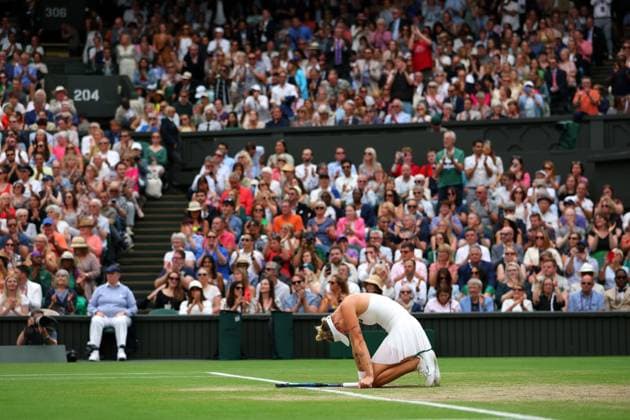 Mandatory Credit: Photo by Ella Ling Shutterstock (14006843bb) Marketa Vondrousova celebrates victory in her semi final match Wimbledon Tennis Championships, Day 11, The All England Lawn Tennis and Croquet Club, London, UK - 13 Jul 2023 Wimbledon Tennis Championships, Day 11, The All England Lawn Tennis and Croquet Club, London, UK - 13 Jul 2023  Copyright: xEllaxLing Shutterstockx 14006843bb
