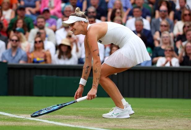 Mandatory Credit: Photo by Ella Ling Shutterstock (14006843bc) Marketa Vondrousova celebrates victory in her semi final match Wimbledon Tennis Championships, Day 11, The All England Lawn Tennis and Croquet Club, London, UK - 13 Jul 2023 Wimbledon Tennis Championships, Day 11, The All England Lawn Tennis and Croquet Club, London, UK - 13 Jul 2023  Copyright: xEllaxLing Shutterstockx 14006843bc