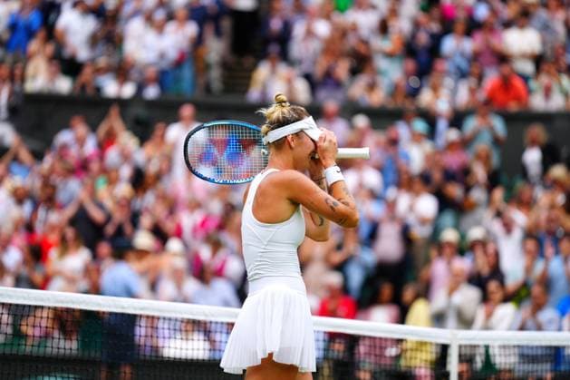 Mandatory Credit: Photo by Javier Garcia Shutterstock (14006845bk) Marketa Vondrousova celebrates victory in her semi final match Wimbledon Tennis Championships, Day 11, The All England Lawn Tennis and Croquet Club, London, UK - 13 Jul 2023 Wimbledon Tennis Championships, Day 11, The All England Lawn Tennis and Croquet Club, London, UK - 13 Jul 2023  Copyright: xJavierxGarcia Shutterstockx 14006845bk