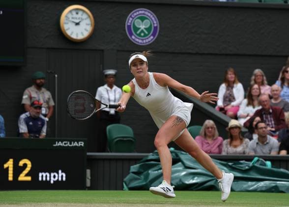 13th July 2023; All England Lawn Tennis and Croquet Club, London, England: Wimbledon Tennis Tournament; Elina Svitolina (UKR) with a forehand shot to Marketa Vondrousova (CZE) , womens singles semi-final match  ActionPlus12531071 JohnxPatrickxFletcher
