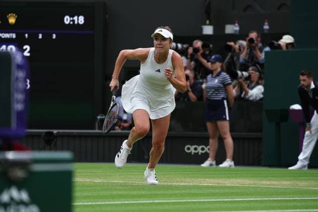 13th July 2023; All England Lawn Tennis and Croquet Club, London, England: Wimbledon Tennis Tournament; Elina Svitolina (UKR) sprints to play a forehand shot to Marketa Vondrousova (CZE) , womens singles semi-final match  ActionPlus12531081 JohnxPatrickxFletcher