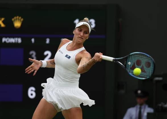 13th July 2023; All England Lawn Tennis and Croquet Club, London, England: Wimbledon Tennis Tournament; Marketa Vondrousova (CZE) with a forehand shot to Elina Svitolina (UKR) , womens singles semi-final match  ActionPlus12531088 JohnxPatrickxFletcher