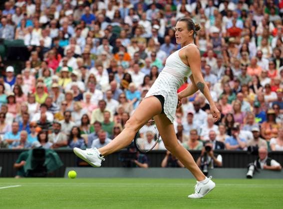 Mandatory Credit: Photo by Ella Ling Shutterstock (14006843by) Aryna Sabalenka kicking the ball during her semi final match Wimbledon Tennis Championships, Day 11, The All England Lawn Tennis and Croquet Club, London, UK - 13 Jul 2023 Wimbledon Tennis Championships, Day 11, The All England Lawn Tennis and Croquet Club, London, UK - 13 Jul 2023  Copyright: xEllaxLing Shutterstockx 14006843by
