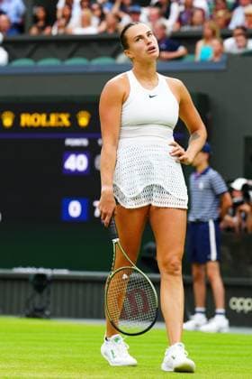 Mandatory Credit: Photo by Javier Garcia Shutterstock (14006845em) Aryna Sabalenka during her semi final match Wimbledon Tennis Championships, Day 11, The All England Lawn Tennis and Croquet Club, London, UK - 13 Jul 2023 Wimbledon Tennis Championships, Day 11, The All England Lawn Tennis and Croquet Club, London, UK - 13 Jul 2023  Copyright: xJavierxGarcia Shutterstockx 14006845em