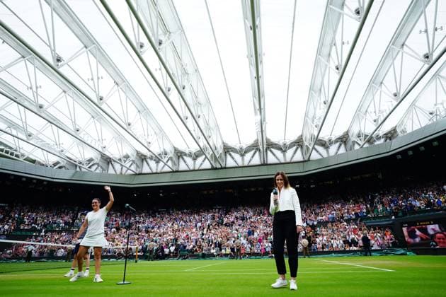 Mandatory Credit: Photo by Javier Garcia Shutterstock (14006845fm) Ons Jabeur celebrates victory in her her semi final match Wimbledon Tennis Championships, Day 11, The All England Lawn Tennis and Croquet Club, London, UK - 13 Jul 2023 Wimbledon Tennis Championships, Day 11, The All England Lawn Tennis and Croquet Club, London, UK - 13 Jul 2023  Copyright: xJavierxGarcia Shutterstockx 14006845fm