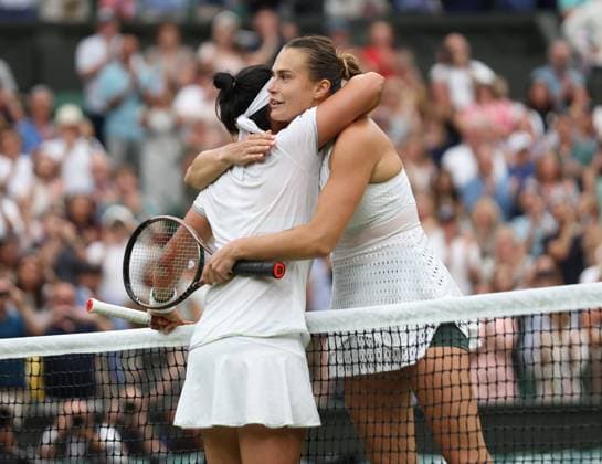 Tunisian Ons Jabeur celebrates victory in her Women s semifinals match against Belarussian Aryna Sabalenka at the 2023 Wimbledon championships in London on Thurssday, July 13, 2023. Jabeur won the match 6-7,6-4,6-3.  LON2023071324 HUGOxPHILPOTT