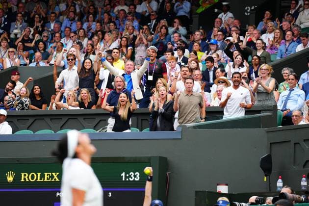 Mandatory Credit: Photo by Javier Garcia Shutterstock (14006845fv) The team of Ons Jabeur celebrating during her semi final match Wimbledon Tennis Championships, Day 11, The All England Lawn Tennis and Croquet Club, London, UK - 13 Jul 2023 Wimbledon Tennis Championships, Day 11, The All England Lawn Tennis and Croquet Club, London, UK - 13 Jul 2023  Copyright: xJavierxGarcia Shutterstockx 14006845fv