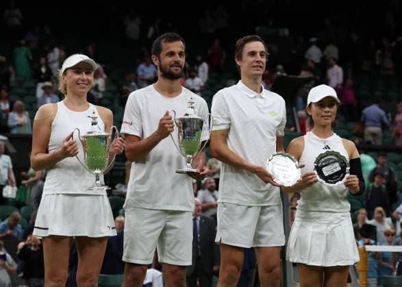 13th July 2023; All England Lawn Tennis and Croquet Club, London, England: Wimbledon Tennis Tournament; Lyudmyla& xa0;Kichenok (UKR) and Mate& xa0;Pavic (CRO) lift the Mixed Doubles Trophy alongside Joran& xa0;Vliegen (BEL) and Yifan& xa0;Xu (CHN) with a runners up plate  ActionPlus12531152 JohnxPatrickxFletcher