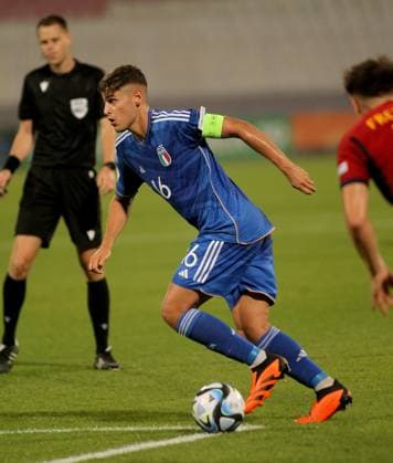 13.07.2023 Ta Qali (Malta) Spain-Italy European U19 U-19 Under-19 championship semi final men s football Giacomo Faticanti (C) Italy :