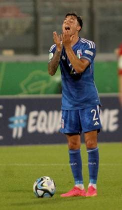 13.07.2023 Ta Qali (Malta) Spain-Italy European U19 U-19 Under-19 championship semi final men s football Filippo Missori Italy react during match :
