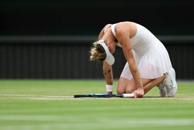 (230714) -- LONDON, July 14, 2023 -- Marketa Vondrousova reacts after the women s singles semifinal between Marketa Vondrousova of the Czech Republic and Elina Svitolina of Ukraine at Wimbledon tennis championship in London, Britain, on July 13, 2023. ) (SP)BRITAIN-LONDON-TENNIS-WIMBLEDON-DAY 11 HanxYan 