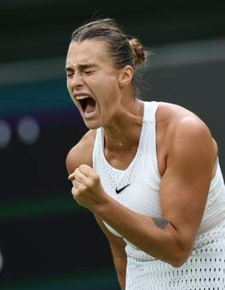 (230714) -- LONDON, July 14, 2023 -- Aryna Sabalenka reacts during the women s singles semifinal between Ons Jabeur of Tunisia and Aryna Sabalenka of Belarus at Wimbledon tennis championship in London, Britain, on July 13, 2023. ) (SP) BRITAIN-LONDON-TENNIS-WIMBLEDON-DAY 11 HanxYan 