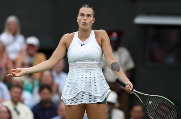 (230714) -- LONDON, July 14, 2023 -- Aryna Sabalenka reacts during the women s singles semifinal between Ons Jabeur of Tunisia and Aryna Sabalenka of Belarus at Wimbledon tennis championship in London, Britain, on July 13, 2023. ) (SP) BRITAIN-LONDON-TENNIS-WIMBLEDON-DAY 11 HanxYan 