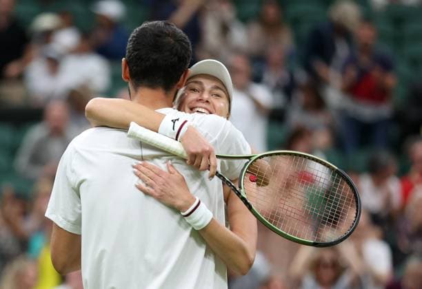 (230714) -- LONDON, July 14, 2023 -- Mate Pavic (L) Lyudmyla Kichenok react after winning the mixed doubles final match between Xu Yifan of China Joran Vliegen of Belgium and Mate Pavic of Croatia Lyudmyla Kichenok of Ukraine at Wimbledon tennis Championship in London, Britain, on July 13, 2023. ) (SP)BRITAIN-LONDON-TENNIS-WIMBLEDON-DAY 11 LixYing 