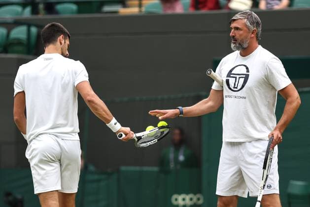 Wimbledon Tag Zwölf 14. Juli 2023, Wimbledon Wimbledon Tennis Championships Tag Zwölf Trainer Goran Ivanisevic und Novak Djokovic Foto Charlotte Wilson Abseits Wimbledon UK  Copyright: xCharlottexWilsonx xOffsidexOffside