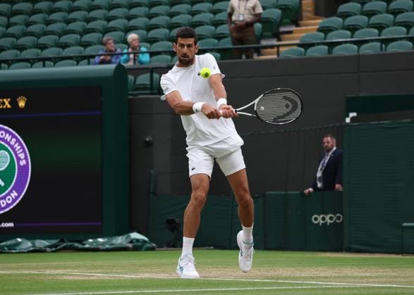 14th July 2023; All England Lawn Tennis and Croquet Club, London, England: Wimbledon Tennis Tournament; Novak Djokovic (GBR) practising on Court One in the morning before his semi final against Jannik Sinner (ITA)  ActionPlus12531186 JohnxPatrickxFletcher
