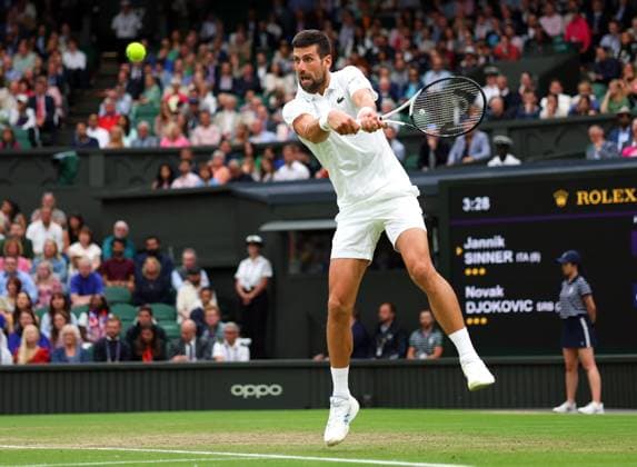 Mandatory Credit: Photo by Ella Ling Shutterstock (14009603bc) Novak Djokovic during his semi final match Wimbledon Tennis Championships, Day 12, The All England Lawn Tennis and Croquet Club, London, UK - 14 Jul 2023 Wimbledon Tennis Championships, Day 12, The All England Lawn Tennis and Croquet Club, London, UK - 14 Jul 2023  Copyright: xEllaxLing Shutterstockx 14009603bc