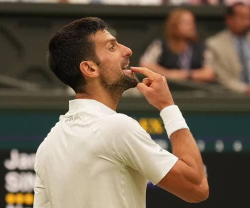 Tennis - 2023 Wimbledon Championships - Week Two - Day Twelve - All England lawn Tennis & Racquet Club, Wimbledon - Friday 14th Mens Semi final - Novak Djokovic v Jannik Sinner Novak Djokovic makes a jesture to his players Box 