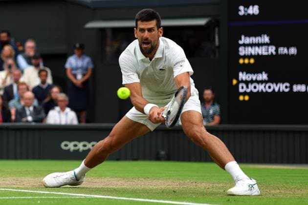 Mandatory Credit: Photo by Ella Ling Shutterstock (14009603be) Novak Djokovic during his semi final match Wimbledon Tennis Championships, Day 12, The All England Lawn Tennis and Croquet Club, London, UK - 14 Jul 2023 Wimbledon Tennis Championships, Day 12, The All England Lawn Tennis and Croquet Club, London, UK - 14 Jul 2023  Copyright: xEllaxLing Shutterstockx 14009603be