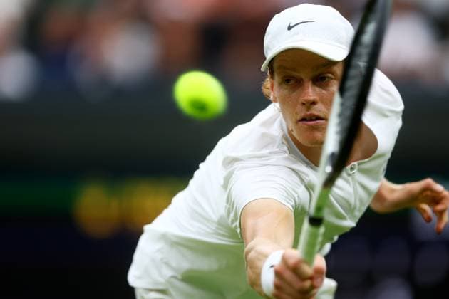 Mandatory Credit: Photo by Kieran McManus Shutterstock (14009604at) Jannik Sinner of Italy in action during his Semi Final Match. Wimbledon Tennis Championships, Day 12, The All England Lawn Tennis and Croquet Club, London, UK - 14 Jul 2023 Wimbledon Tennis Championships, Day 12, The All England Lawn Tennis and Croquet Club, London, UK - 14 Jul 2023  Copyright: xKieranxMcManus Shutterstockx 14009604at