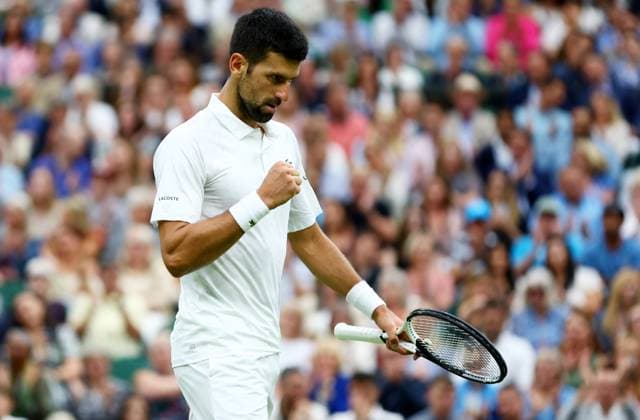 Mandatory Credit: Photo by Kieran McManus Shutterstock (14009604bb) Novak Djokovic of Serbia reacts during his Semi Final match. Wimbledon Tennis Championships, Day 12, The All England Lawn Tennis and Croquet Club, London, UK - 14 Jul 2023 Wimbledon Tennis Championships, Day 12, The All England Lawn Tennis and Croquet Club, London, UK - 14 Jul 2023  Copyright: xKieranxMcManus Shutterstockx 14009604bb