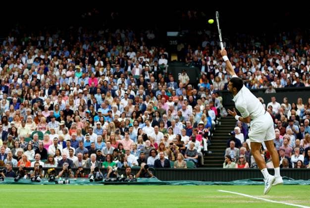 Mandatory Credit: Photo by Kieran McManus Shutterstock (14009604az) Novak Djokovic of Serbia in action during his Semi Final match. Wimbledon Tennis Championships, Day 12, The All England Lawn Tennis and Croquet Club, London, UK - 14 Jul 2023 Wimbledon Tennis Championships, Day 12, The All England Lawn Tennis and Croquet Club, London, UK - 14 Jul 2023  Copyright: xKieranxMcManus Shutterstockx 14009604az