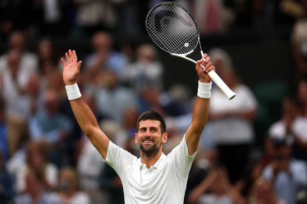 Mandatory Credit: Photo by Ella Ling Shutterstock (14009603ca) Novak Djokovic celebrates victory in his semi final match Wimbledon Tennis Championships, Day 12, The All England Lawn Tennis and Croquet Club, London, UK - 14 Jul 2023 Wimbledon Tennis Championships, Day 12, The All England Lawn Tennis and Croquet Club, London, UK - 14 Jul 2023  Copyright: xEllaxLing Shutterstockx 14009603ca