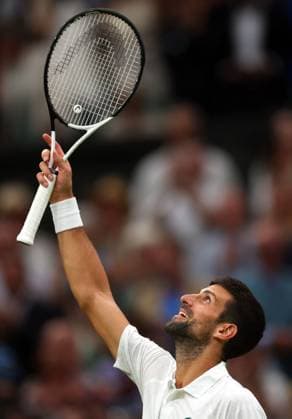 Mandatory Credit: Photo by Ella Ling Shutterstock (14009603cd) Novak Djokovic celebrates victory in his semi final match Wimbledon Tennis Championships, Day 12, The All England Lawn Tennis and Croquet Club, London, UK - 14 Jul 2023 Wimbledon Tennis Championships, Day 12, The All England Lawn Tennis and Croquet Club, London, UK - 14 Jul 2023  Copyright: xEllaxLing Shutterstockx 14009603cd