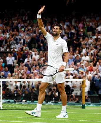 Mandatory Credit: Photo by Kieran McManus Shutterstock (14009604cg) Novak Djokovic of Serbia celebrates winning his Semi Final match. Wimbledon Tennis Championships, Day 12, The All England Lawn Tennis and Croquet Club, London, UK - 14 Jul 2023 Wimbledon Tennis Championships, Day 12, The All England Lawn Tennis and Croquet Club, London, UK - 14 Jul 2023  Copyright: xKieranxMcManus Shutterstockx 14009604cg