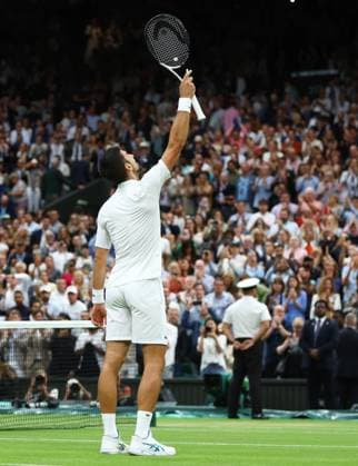Mandatory Credit: Photo by Kieran McManus Shutterstock (14009604ci) Novak Djokovic of Serbia celebrates winning his Semi Final match. Wimbledon Tennis Championships, Day 12, The All England Lawn Tennis and Croquet Club, London, UK - 14 Jul 2023 Wimbledon Tennis Championships, Day 12, The All England Lawn Tennis and Croquet Club, London, UK - 14 Jul 2023  Copyright: xKieranxMcManus Shutterstockx 14009604ci
