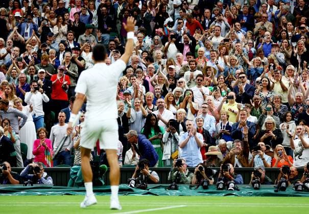 Mandatory Credit: Photo by Kieran McManus Shutterstock (14009604cl) Novak Djokovic of Serbia celebrates winning his Semi Final match. Wimbledon Tennis Championships, Day 12, The All England Lawn Tennis and Croquet Club, London, UK - 14 Jul 2023 Wimbledon Tennis Championships, Day 12, The All England Lawn Tennis and Croquet Club, London, UK - 14 Jul 2023  Copyright: xKieranxMcManus Shutterstockx 14009604cl